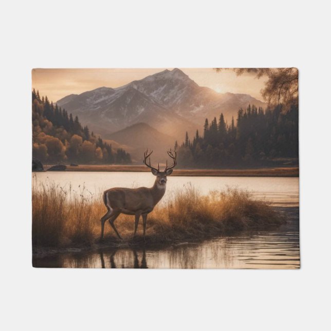 Huge Racked Deer on Mountain Lake Doormat (Front)