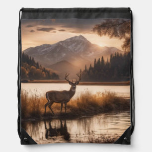 Huge Racked Deer on Mountain Lake Drawstring Bag