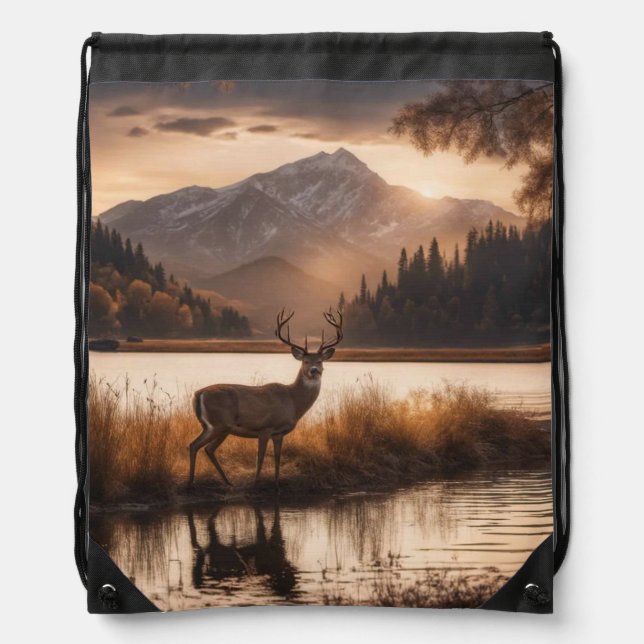 Huge Racked Deer on Mountain Lake Drawstring Bag (Front)