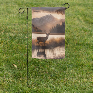 Huge Racked Deer on Mountain Lake Garden Flag