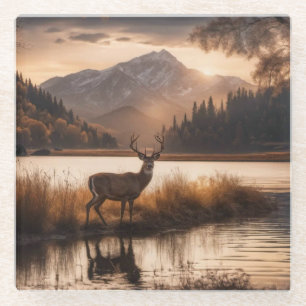 Huge Racked Deer on Mountain Lake Glass Coaster