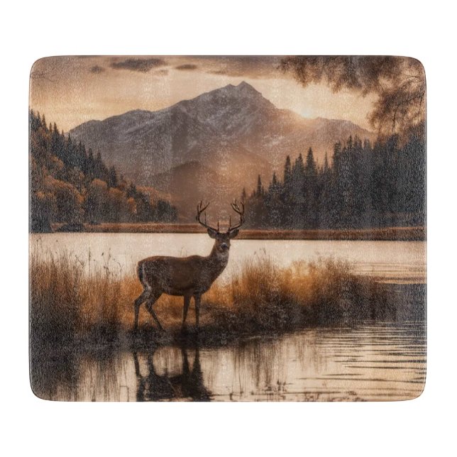 Huge Racked Deer on Mountain Lake Glass Cutting Board (Front)