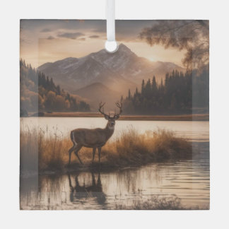 Huge Racked Deer on Mountain Lake Glass Ornament