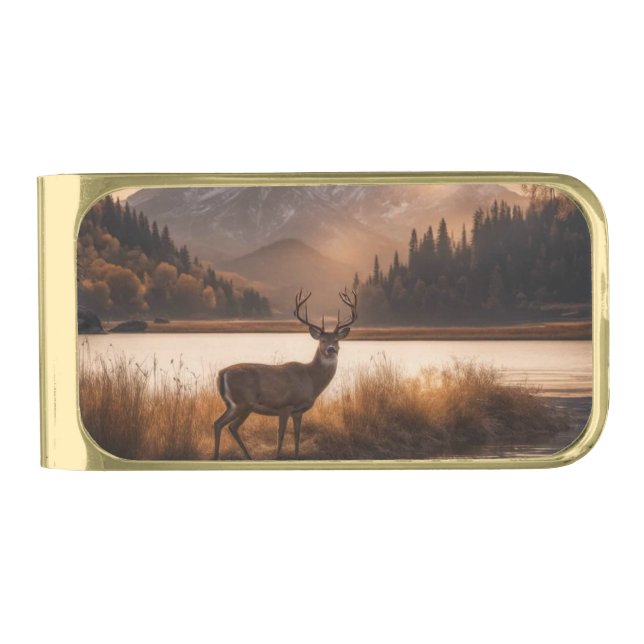 Huge Racked Deer on Mountain Lake Gold Finish Money Clip (Front)