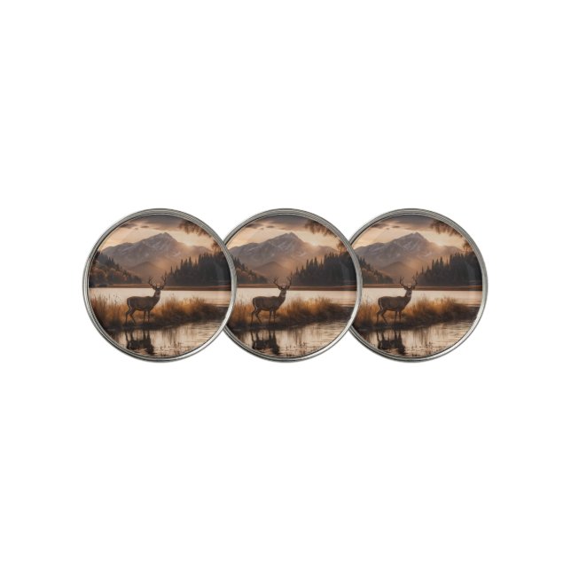 Huge Racked Deer on Mountain Lake Golf Ball Marker (3 Up)