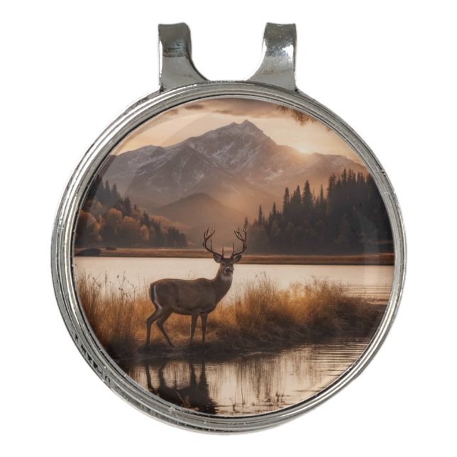 Huge Racked Deer on Mountain Lake Golf Hat Clip (Front)