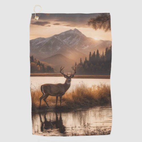 Huge Racked Deer on Mountain Lake Golf Towel