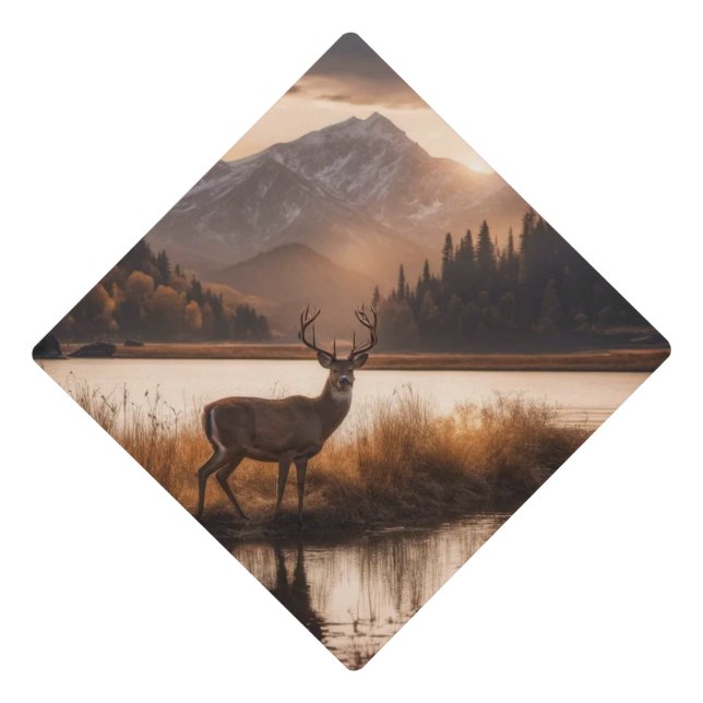 Huge Racked Deer on Mountain Lake Graduation Cap Topper (Front)