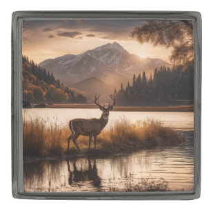 Huge Racked Deer on Mountain Lake Gunmetal Finish Lapel Pin