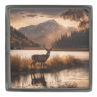 Huge Racked Deer on Mountain Lake Gunmetal Finish Lapel Pin