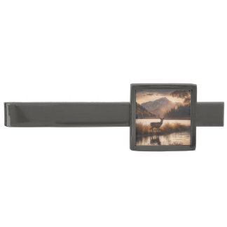 Huge Racked Deer on Mountain Lake Gunmetal Finish Tie Bar