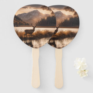 Huge Racked Deer on Mountain Lake Hand Fan