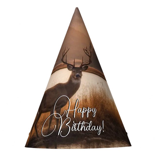 Huge Racked Deer on Mountain Lake Happy Birthday Party Hat (Front)
