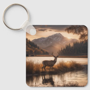 Huge Racked Deer on Mountain Lake Keychain