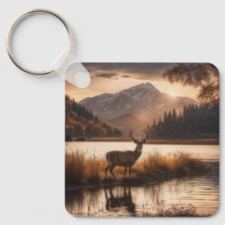 Huge Racked Deer on Mountain Lake Keychain