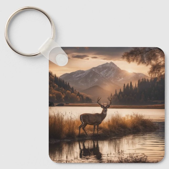 Huge Racked Deer on Mountain Lake Keychain (Front)