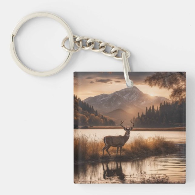 Huge Racked Deer on Mountain Lake Keychain (Front)