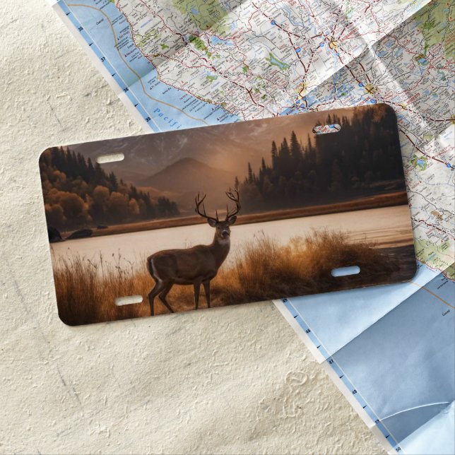 Huge Racked Deer on Mountain Lake License Plate (In Situ)
