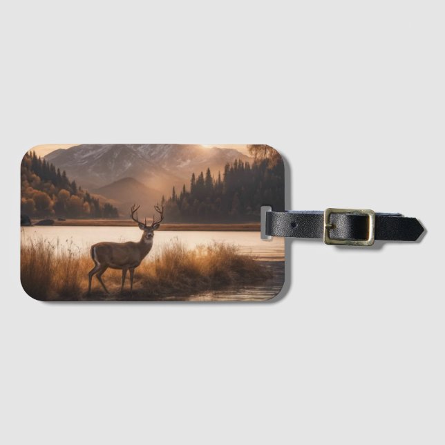 Huge Racked Deer on Mountain Lake Luggage Tag (Front Horizontal)