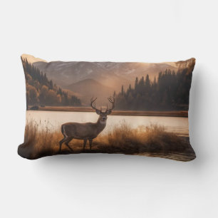 Huge Racked Deer on Mountain Lake Lumbar Pillow