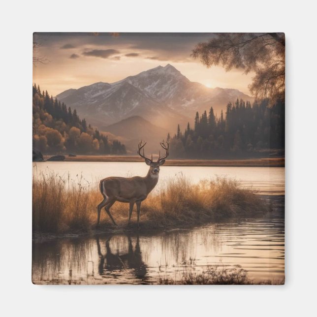Huge Racked Deer on Mountain Lake Magnet (Front)