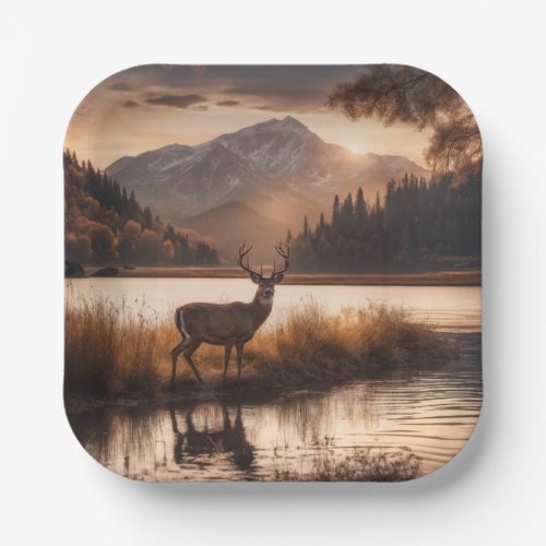 Huge Racked Deer on Mountain Lake Paper Plates