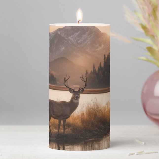 Huge Racked Deer on Mountain Lake Pillar Candle (In Situ)