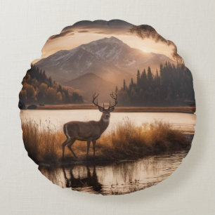 Huge Racked Deer on Mountain Lake Round Pillow