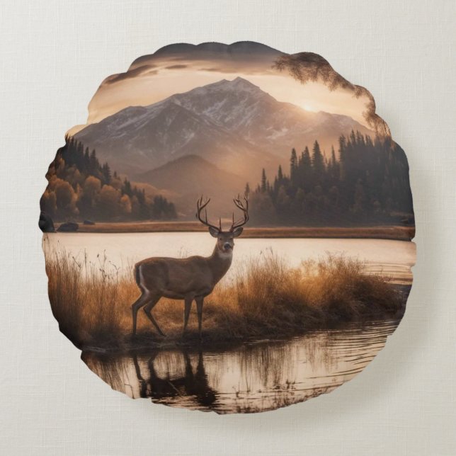 Huge Racked Deer on Mountain Lake Round Pillow (Front)