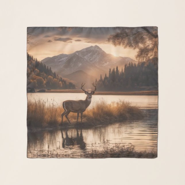 Huge Racked Deer on Mountain Lake Scarf (Front)