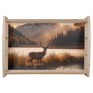 Huge Racked Deer on Mountain Lake Serving Tray
