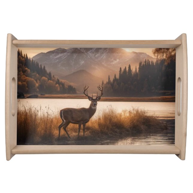Huge Racked Deer on Mountain Lake Serving Tray (Front)