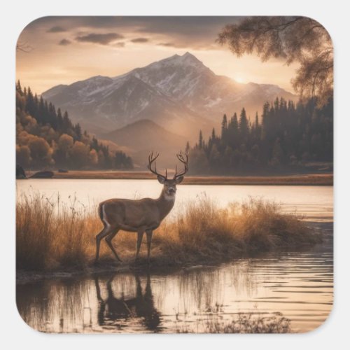 Huge Racked Deer on Mountain Lake Square Sticker