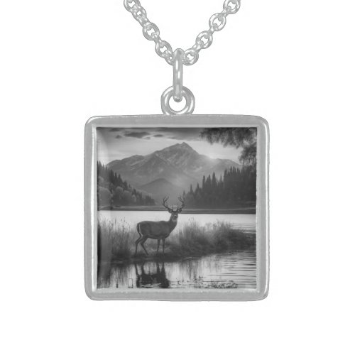 Huge Racked Deer on Mountain Lake Sterling Silver Necklace
