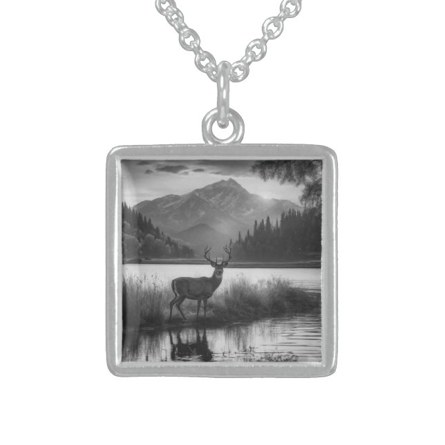 Huge Racked Deer on Mountain Lake Sterling Silver Necklace (Front)