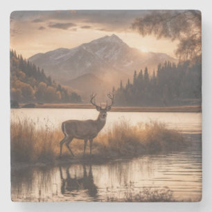 Huge Racked Deer on Mountain Lake Stone Coaster