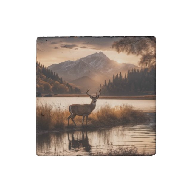 Huge Racked Deer on Mountain Lake Stone Magnet (Front)