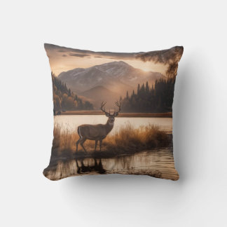 Huge Racked Deer on Mountain Lake Throw Pillow
