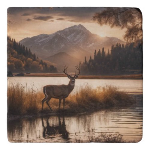 Huge Racked Deer on Mountain Lake Trivet