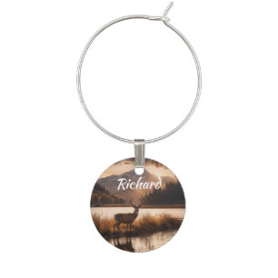 Huge Racked Deer on Mountain Lake with Name Wine Charm