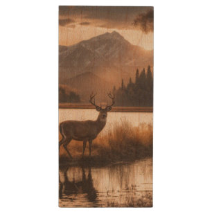 Huge Racked Deer on Mountain Lake Wood Flash Drive