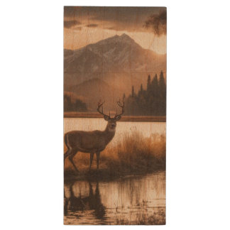 Huge Racked Deer on Mountain Lake Wood Flash Drive