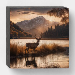 Huge Racked Deer on Mountain Lake Wooden Box Sign