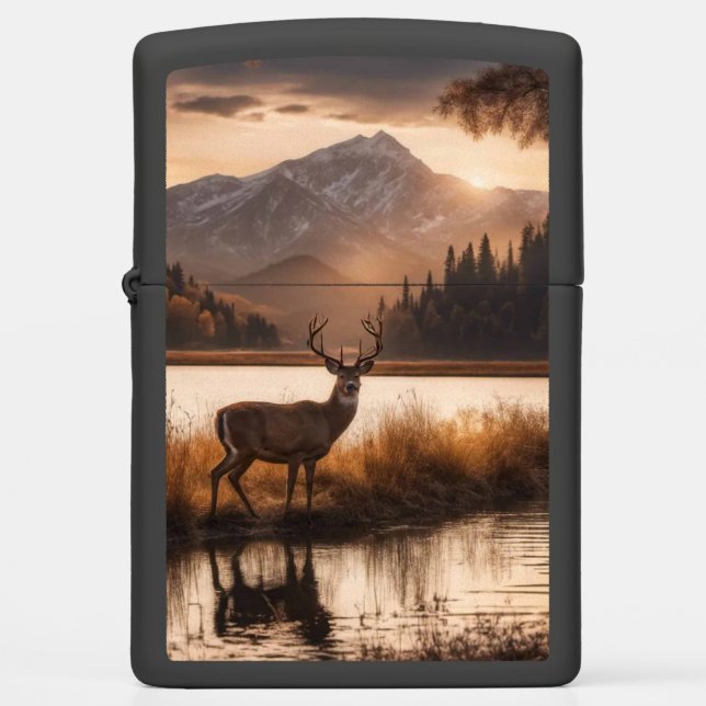 Huge Racked Deer on Mountain Lake Zippo Lighter (Front)