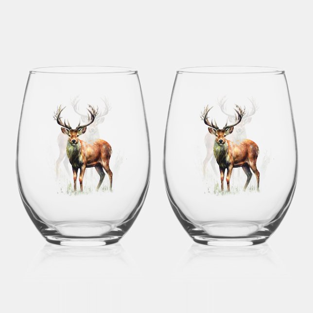 Huge Racked Deer  Stemless Wine Glass (Front)