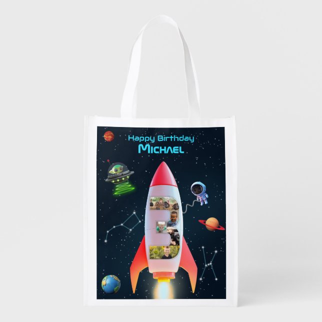 Huge Three with Photos | 3rd Birthday Rocket Space Grocery Bag (Front)