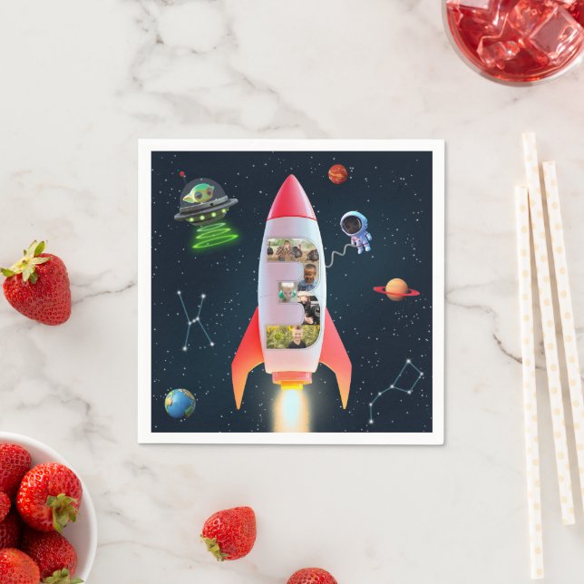 Huge Three with Photos | 3rd Birthday Rocket Space Napkins (Insitu)