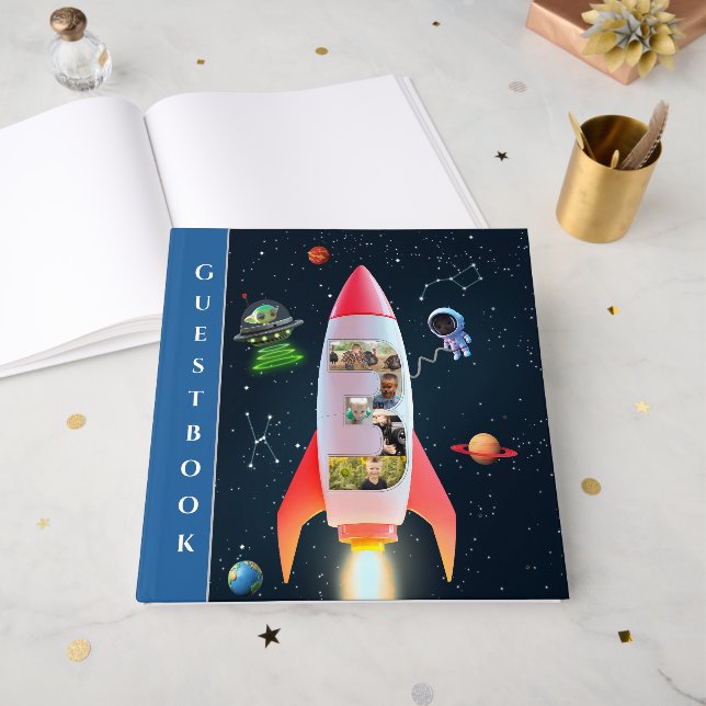 Huge Three with Photos | Rocket Space 3rd Birthday Foil Guest Book (Front Open)