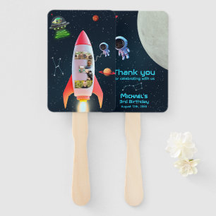 Huge Three with Photos Space Rocket 3rd Birthday Hand Fan