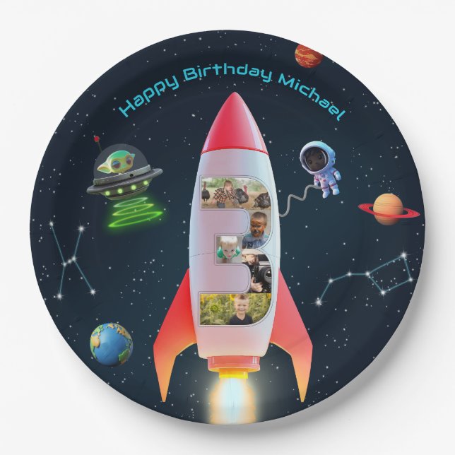 Huge Three with Photos | Space Rocket 3rd Birthday Paper Plates (Front)